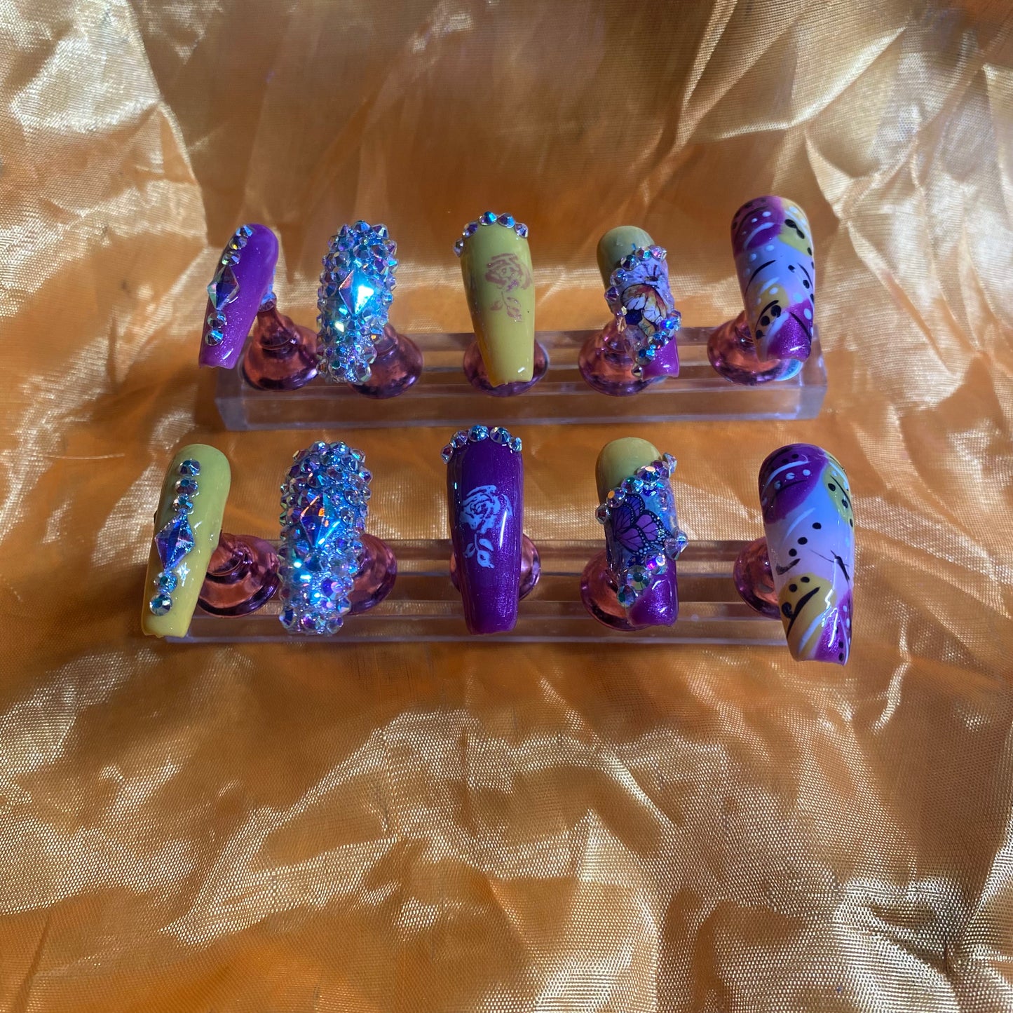 Medium Size Coffin purple and yellow press on nails with Rhinestones