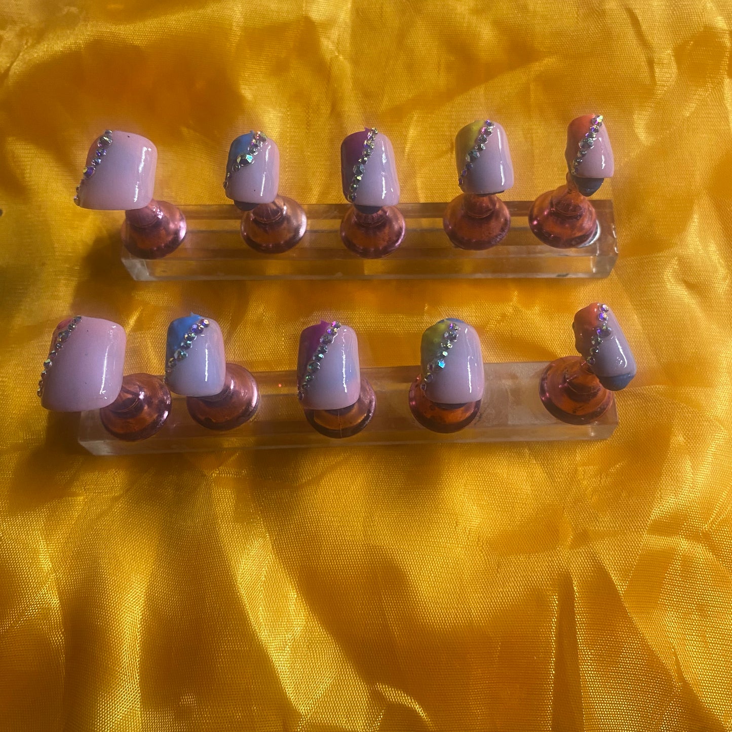 Press on nails Ex short Square Rainbow alligator nails with Rhinestones