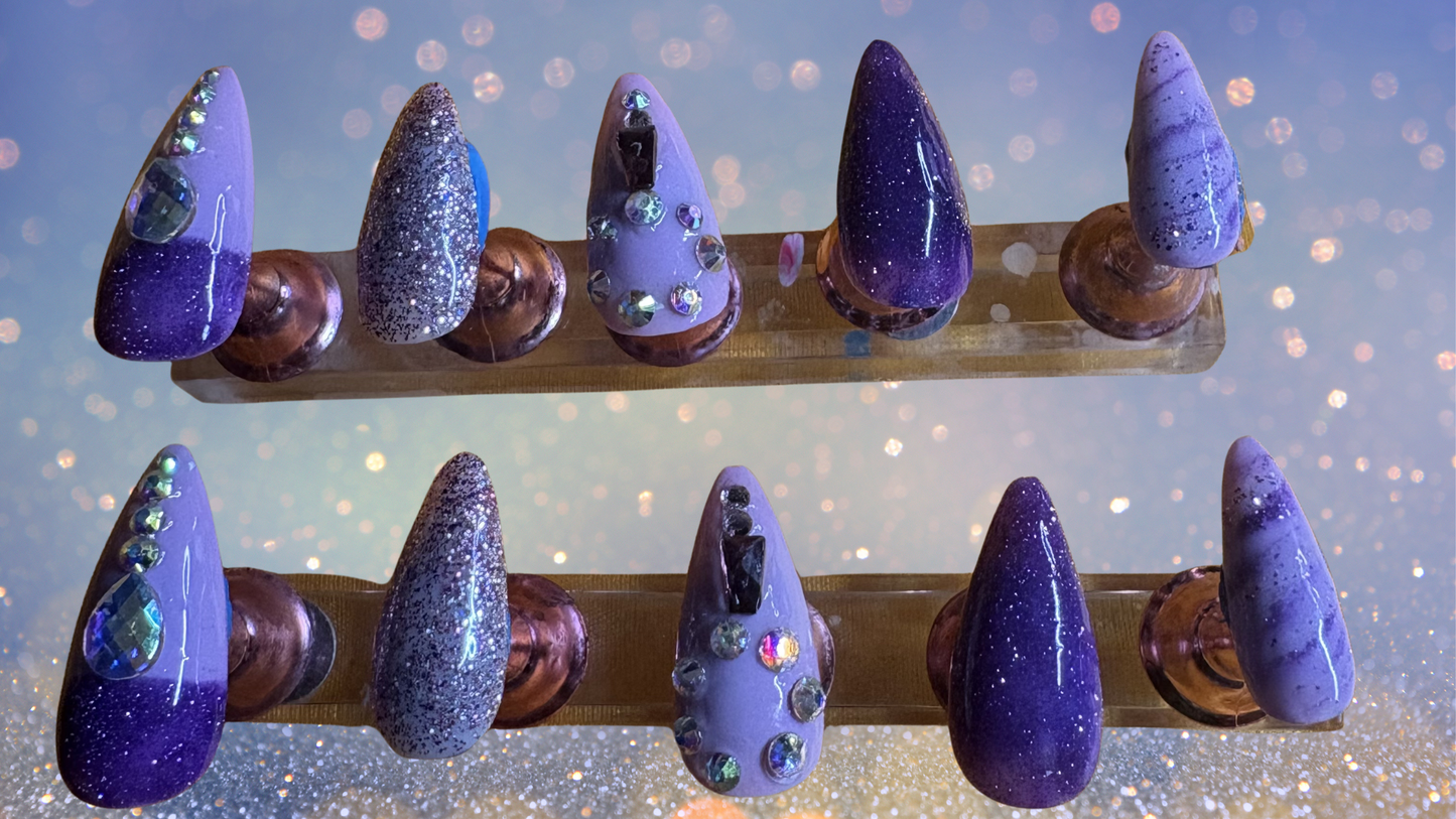 Violet and Purple Ombre Press On Nails with Rhinestones