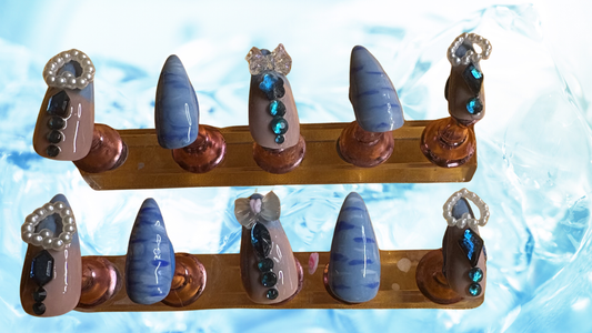 Blue and Tan Press On Nails with Rhinestones & Pearls