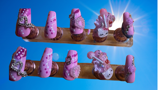 Pink, Red and White Press On Nails with Rhinestones & Decals